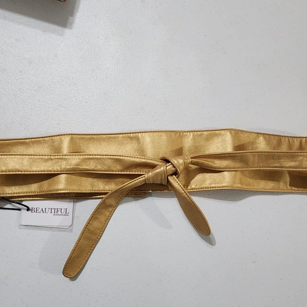 Beautiful by Lawrence Zarian Gold Metallic Obi Wrap Belt Faux Leather NWT ML